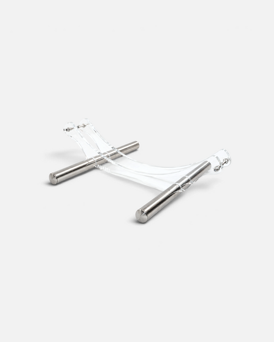 Transparent bike stand with shiny steel chrome legs. Safe and beautiful storage option for you walls